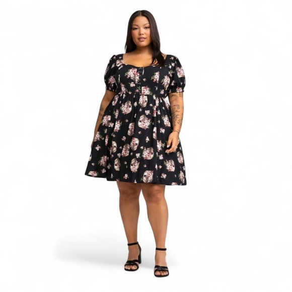 torrid Dresses & Skirts - Torrid 2X Black Skull Rose Floral Mini Skater Dress – Front Hook & Eye Closure